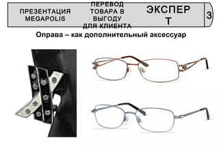 ПРЕЗЕНТАЦИЯ
MEGAPOLIS
ПЕРЕВОД
ТОВАРА В
ВЫГОДУ
ДЛЯ КЛИЕНТА
ЭКСПЕР
Т
3
Оправа – как дополнительный аксессуар
 