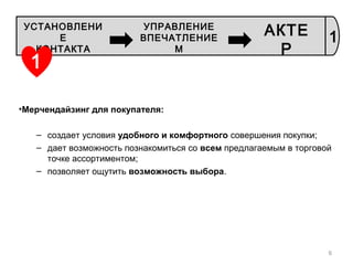 •Мерчендайзинг для покупателя:
– создает условия удобного и комфортного совершения покупки;
– дает возможность познакомиться со всем предлагаемым в торговой
точке ассортиментом;
– позволяет ощутить возможность выбора.
6
1
УСТАНОВЛЕНИ
Е
КОНТАКТА
УПРАВЛЕНИЕ
ВПЕЧАТЛЕНИЕ
М
АКТЕ
Р
1
 