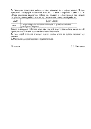 5. Письмова контрольна робота в кінці семестру не є обов’язковою. Згідно
Програми “Географія. Економіка, 6-11 кл.”. – Київ. – «Ірпінь» - 2005. – С. 9:
«Одна письмова тематична робота на семестр є обов’язковою (на правій
сторінці журналу робиться запис про проведення контрольної роботи).
ДАТА ЗМІСТ УРОКУ
29/04
Контрольна робота по темі «Ландшафти та фізико-географічне
районування України»
Такою письмовою роботою може виступати й практична робота, якщо дата її
проведення збігається з датою тематичної атестації».
6. Поле лівої сторінки журналу нижче списку учнів та оцінок залишається
чистим.
7. Оцінка за ведення зошита не виставляється.
Методист Л.А.Шкоденко
 