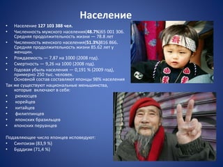 Население
• Население 127 103 388 чел.
• Численность мужского населения(48.7%)65 001 306.
Средняя продолжительность жизни — 78.8 лет
• Численность женского населения(51.3%)816 866.
Средняя продолжительность жизни 85.62 лет у
женщин.
• Рождаемость — 7,87 на 1000 (2008 год).
• Смертность — 9,26 на 1000 (2008 год).
• Годовая убыль населения — 0,191 % (2009 год),
примерно 250 тыс. человек.
Основной состав составляют японцы 98% населения
Так же существуют национальные меньшинства,
которые включают в себя:
• рюкюсцев
• корейцев
• китайцев
• филиппинцев
• японских бразильцев
• японских перуанцев
Подавляющее число японцев исповедуют:
• Синтоизм (83,9 %)
• Буддизм (71,4 %)
 