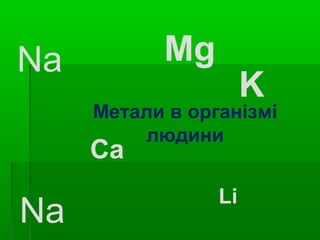 Mg
K
Na
Ca
Метали в організмі
людини
Na
Li
 