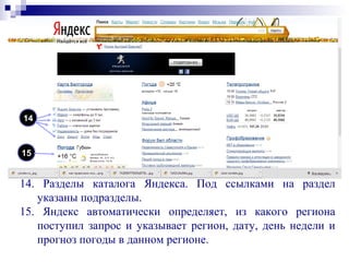 14. Разделы каталога Яндекса. Под ссылками на раздел
указаны подразделы.
15. Яндекс автоматически определяет, из какого региона
поступил запрос и указывает регион, дату, день недели и
прогноз погоды в данном регионе.
14
15
 