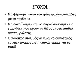 ΣΤΟΧΟΙ..
• Να φέρουμε κοντά την τρίτη ηλικία-γιαγιάδες
με τα παιδάκια.
• Να <ανοίξουμε> και να <αγκαλιάσουμε> τις
γιαγιάδες,που έχουν να δώσουν στα παιδιά
αγάπη-γνώσεις.
• Ο παιδικός σταθμός να γίνει <ο συνδετικός
κρίκος> ανάμεσα στη γιαγιά -μαμά και το
παιδί.
 