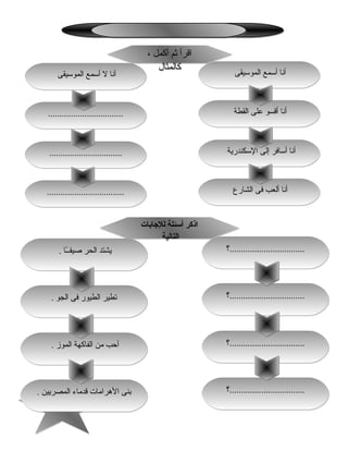 114114
‫السكندرية‬ ‫إلى‬ ‫أسافر‬ ‫أنا‬‫السكندرية‬ ‫إلى‬ ‫أسافر‬ ‫أنا‬
‫الشارع‬ ‫فى‬ ‫ألعب‬ ‫أنا‬‫الشارع‬ ‫فى‬ ‫ألعب‬ ‫أنا‬....................................................................
................................................................
، ‫أكمل‬ ‫ثم‬ ‫اقرأ‬
‫كالمثال‬
، ‫أكمل‬ ‫ثم‬ ‫اقرأ‬
‫كالمثال‬
‫الموسيقى‬ ‫أسمع‬ ‫أنا‬‫الموسيقى‬ ‫أسمع‬ ‫أنا‬
‫القطة‬ ‫على‬ ‫أقسو‬ ‫أنا‬‫القطة‬ ‫على‬ ‫أقسو‬ ‫أنا‬..................................................................
‫الموسيقى‬ ‫أسمع‬ ‫ل‬ ‫أنا‬‫الموسيقى‬ ‫أسمع‬ ‫ل‬ ‫أنا‬
‫.................................؟‬‫.................................؟‬
‫.................................؟‬‫.................................؟‬
. ‫الموز‬ ‫الفاكهة‬ ‫من‬ ‫أتحب‬. ‫الموز‬ ‫الفاكهة‬ ‫من‬ ‫أتحب‬
‫للجابات‬ ‫أسئلة‬ ‫اذكر‬
‫التالية‬
‫للجابات‬ ‫أسئلة‬ ‫اذكر‬
‫التالية‬
‫.................................؟‬‫.................................؟‬
‫.................................؟‬‫.................................؟‬. ‫الجو‬ ‫فى‬ ‫الطيور‬ ‫تطير‬. ‫الجو‬ ‫فى‬ ‫الطيور‬ ‫تطير‬
. ‫ـا‬ً‫ا‬‫صيفـ‬ ‫الحر‬ ‫يشتد‬. ‫ـا‬ً‫ا‬‫صيفـ‬ ‫الحر‬ ‫يشتد‬
. ‫المصريين‬ ‫قدماء‬ ‫الهرامات‬ ‫بنى‬. ‫المصريين‬ ‫قدماء‬ ‫الهرامات‬ ‫بنى‬
 