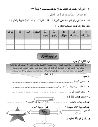 114114
‫إلى‬‫أين‬‫ذهبت‬‫الفراشات‬‫بعد‬‫أن‬‫دعت‬ّ ‫و‬‫صديقتها‬‫نونة‬ ‫؟‬ 
‫ذهبت‬‫إلى‬‫رحلة‬‫جديدة‬‫فى‬‫أرض‬‫العمل‬.
‫ماذا‬‫كان‬‫رأى‬‫الفراشات‬‫فى‬‫النوبة‬‫؟‬‫قالت‬‫الفراشات‬‫ما‬  :‫أجمل‬‫النوبة‬‫وأهلها‬.  !
‫أكمل‬‫الجداول‬‫اليتية‬‫ـا‬ً‫ا‬‫ن‬‫مستعي‬‫بالدرس‬:
‫ال‬
‫قمرية‬
‫ال‬
‫شمسية‬
‫د‬ّ ‫م‬
‫باللف‬
‫د‬ّ ‫م‬
‫بالواو‬
‫د‬ّ ‫م‬
‫بالياء‬
‫التنوين‬‫اسم‬‫فعل‬‫حرف‬
‫اقرأ‬‫الفقرة‬‫ثم‬‫أجب‬
‫أ‬‫أجب‬ /:
‫تسمى‬‫النوبة‬.....................................................................................
‫لماذا‬‫تسمى‬‫النوبة‬‫بهذا‬‫التسم‬‫؟‬................................................................
‫صف‬‫البيت‬‫النوبى‬.............................................................................
‫ب‬‫استخرج‬ /‫من‬‫الفقرة‬:
‫كلمة‬‫بها‬‫د‬ّ‫م‬‫باللف‬......................‫كلمة‬‫بها‬‫ال‬......................... ‫شمسية‬
‫كلمة‬‫بها‬‫تاء‬ ‫مفتوحة‬................. ‫كلمة‬‫بها‬‫هاء‬ 
...................... ‫الضمير‬
‫المفردات‬ ‫خريطة‬ ‫أكمل‬ / ‫جـ‬
‫المنزلى‬ ‫الواجب‬‫المنزلى‬ ‫الواجب‬
‫النوع‬ ‫زاهية‬‫زاهية‬ ‫المعنى‬
‫الجملة‬
‫المضاد‬
‫كانوا‬ ‫الفراعنة‬ ‫أجدادى‬ ‫لن‬ : ‫وقالت‬ ، ‫نونة‬ ‫ابتسمت‬ ‫؟‬  ‫الذهب‬ ‫أرض‬  ‫النوبة‬ ‫تسمى‬ ‫لماذا‬ : ‫الخضراء‬ ‫الفراشات‬
‫جميلة‬ ‫النقوش‬ ، ‫ونظيف‬ ‫منظم‬ ‫النوبى‬ ‫البيت‬ . ‫بيتها‬ ‫إلى‬ ‫الفراشات‬ ‫نونة‬ ‫رافقت‬ .. ‫منها‬ ‫الذهب‬ ‫يستخرجون‬
‫فى‬ ‫جديدة‬ ‫لرحلة‬ ‫نونة‬ ‫صديقتها‬ ‫الفراشات‬ ‫دعت‬ّ‫و‬ ! ‫وأهلها‬ ‫النوبة‬ ‫أجمل‬ ‫ما‬ : ‫الفراشات‬ ‫قالت‬ . ‫زاهية‬ ‫واللوان‬
‫العمل‬ ‫أرض‬
‫كانوا‬ ‫الفراعنة‬ ‫أجدادى‬ ‫لن‬ : ‫وقالت‬ ، ‫نونة‬ ‫ابتسمت‬ ‫؟‬  ‫الذهب‬ ‫أرض‬  ‫النوبة‬ ‫تسمى‬ ‫لماذا‬ : ‫الخضراء‬ ‫الفراشات‬
‫جميلة‬ ‫النقوش‬ ، ‫ونظيف‬ ‫منظم‬ ‫النوبى‬ ‫البيت‬ . ‫بيتها‬ ‫إلى‬ ‫الفراشات‬ ‫نونة‬ ‫رافقت‬ .. ‫منها‬ ‫الذهب‬ ‫يستخرجون‬
‫فى‬ ‫جديدة‬ ‫لرحلة‬ ‫نونة‬ ‫صديقتها‬ ‫الفراشات‬ ‫دعت‬ّ‫و‬ ! ‫وأهلها‬ ‫النوبة‬ ‫أجمل‬ ‫ما‬ : ‫الفراشات‬ ‫قالت‬ . ‫زاهية‬ ‫واللوان‬
‫العمل‬ ‫أرض‬
 