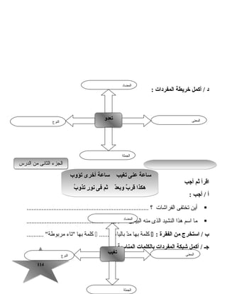 114114
: ‫المفردات‬ ‫خريطة‬ ‫أكمل‬ / ‫د‬
‫اقرأ‬‫ثم‬‫أجب‬
‫أ‬‫أجب‬ /:
‫أين‬‫تختفى‬‫الفراشات‬‫؟‬.........................................................................
‫ما‬‫اتسم‬‫هذا‬‫النشيد‬‫الذى‬‫منه‬‫البيتين‬‫السابقين‬‫؟‬..............................................
‫ب‬‫استخرج‬ /‫من‬‫الفقرة‬:‫كلمة‬‫بها‬‫د‬ّ‫م‬‫بالياء‬........‫كلمة‬‫بها‬‫تاء‬.......... ‫مربوطة‬
‫المناسبة‬ ‫بالكلمات‬ ‫المفردات‬ ‫شبكة‬ ‫أكمل‬ / ‫جـ‬
‫النوع‬
‫تعدو‬‫تعدو‬ ‫المعنى‬
‫الجملة‬
‫المضاد‬
‫النوع‬
‫تغيب‬‫تغيب‬ ‫المعنى‬
‫الجملة‬
‫المضاد‬
‫الدرس‬ ‫من‬ ‫الثانى‬ ‫الجزء‬‫الدرس‬ ‫من‬ ‫الثانى‬ ‫الجزء‬
‫يتؤوب‬ ‫أخرى‬ ‫ساعة‬ ‫يتغيب‬ ‫عنى‬ ‫ساعة‬
‫ب‬ُ  ‫يتذو‬ ‫ر‬ٍ  ‫نو‬ ‫فى‬ ‫ثم‬ ‫د‬ٌ ‫وبع‬ ‫ب‬ٌ  ‫قر‬ ‫هكذا‬
‫يتؤوب‬ ‫أخرى‬ ‫ساعة‬ ‫يتغيب‬ ‫عنى‬ ‫ساعة‬
‫ب‬ُ  ‫يتذو‬ ‫ر‬ٍ  ‫نو‬ ‫فى‬ ‫ثم‬ ‫د‬ٌ ‫وبع‬ ‫ب‬ٌ  ‫قر‬ ‫هكذا‬
 