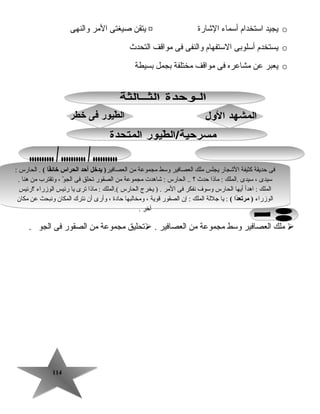 114114
o‫يجيد‬‫استخدام‬‫أسماء‬‫الاشارة‬¤‫يتقن‬‫صيغتى‬‫الرمر‬‫والنهى‬
o‫يستخدم‬‫أسلوبى‬‫الستفهام‬‫والنفى‬‫فى‬‫رمواقف‬‫التحدث‬
o‫يعبر‬‫عن‬‫رمشاعره‬‫فى‬‫رمواقف‬‫رمختلفة‬‫بجمل‬‫بسيطة‬
‫رملك‬‫العصافير‬‫وسط‬‫رمجموعة‬‫رمن‬‫العصافير‬.‫تحليق‬‫رمجموعة‬‫رمن‬‫الصقور‬‫فى‬‫الجو‬.
‫العصافير‬ ‫رمن‬ ‫رمجموعة‬ ‫وسط‬ ‫العصافير‬ ‫رملك‬ ‫يجلس‬ ‫الاشجار‬ ‫كثيفة‬ ‫حديقة‬ ‫فى‬( ‫ف ا‬ً‫ا‬‫خ ائ‬ ‫الحراس‬ ‫أحد‬ ‫يدخل‬ ): ‫الحارس‬ .
. ‫هنا‬ ‫رمن‬ ‫وتقترب‬ ، ‫و‬ّ  ‫الج‬ ‫فى‬ ‫تحلق‬ ‫الصقور‬ ‫رمن‬ ‫رمجموعة‬ ‫اشاهدت‬ : ‫الحارس‬ .. ‫؟‬ ‫حدث‬ ‫رماذا‬ : ‫.الملك‬ ‫سيدى‬ ، ‫سيدى‬
‫؟رئيس‬ ‫الوزراء‬ ‫رئيس‬ ‫يا‬ ‫ترى‬ ‫رماذا‬ : ‫(.الملك‬ ‫الحارس‬ ‫يخرج‬ ) . ‫الرمر‬ ‫فى‬ ‫نفكر‬ ‫وسوف‬ ‫الحارس‬ ‫أيها‬ ‫اهدأ‬ : ‫الملك‬
‫الوزراء‬( ‫دا‬ً‫ا‬‫مرتع‬ )‫رمكان‬ ‫عن‬ ‫ونبحث‬ ‫المكان‬ ‫نترك‬ ‫أن‬ ‫وأرى‬ ، ‫حادة‬ ‫ورمخالبها‬ ، ‫قوية‬ ‫الصقور‬ ‫إن‬ : ‫الملك‬ ‫جللة‬ ‫يا‬ :
. ‫آخر‬
‫العصافير‬ ‫رمن‬ ‫رمجموعة‬ ‫وسط‬ ‫العصافير‬ ‫رملك‬ ‫يجلس‬ ‫الاشجار‬ ‫كثيفة‬ ‫حديقة‬ ‫فى‬( ‫ف ا‬ً‫ا‬‫خ ائ‬ ‫الحراس‬ ‫أحد‬ ‫يدخل‬ ): ‫الحارس‬ .
. ‫هنا‬ ‫رمن‬ ‫وتقترب‬ ، ‫و‬ّ  ‫الج‬ ‫فى‬ ‫تحلق‬ ‫الصقور‬ ‫رمن‬ ‫رمجموعة‬ ‫اشاهدت‬ : ‫الحارس‬ .. ‫؟‬ ‫حدث‬ ‫رماذا‬ : ‫.الملك‬ ‫سيدى‬ ، ‫سيدى‬
‫؟رئيس‬ ‫الوزراء‬ ‫رئيس‬ ‫يا‬ ‫ترى‬ ‫رماذا‬ : ‫(.الملك‬ ‫الحارس‬ ‫يخرج‬ ) . ‫الرمر‬ ‫فى‬ ‫نفكر‬ ‫وسوف‬ ‫الحارس‬ ‫أيها‬ ‫اهدأ‬ : ‫الملك‬
‫الوزراء‬( ‫دا‬ً‫ا‬‫مرتع‬ )‫رمكان‬ ‫عن‬ ‫ونبحث‬ ‫المكان‬ ‫نترك‬ ‫أن‬ ‫وأرى‬ ، ‫حادة‬ ‫ورمخالبها‬ ، ‫قوية‬ ‫الصقور‬ ‫إن‬ : ‫الملك‬ ‫جللة‬ ‫يا‬ :
. ‫آخر‬
 