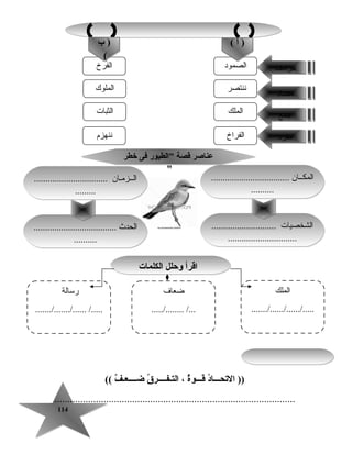 114114
‫د‬ُ ‫التحـــ ا‬ ))‫ة‬ٌ‫قـــو‬،‫ق‬ُ  ‫التـفــــر‬‫ف‬ٌ ‫ضــــعـ‬((
.............................................................................................
‫خطر‬ ‫فى‬ ‫الطيور‬ ‫قصة‬ ‫عن اصر‬

‫خطر‬ ‫فى‬ ‫الطيور‬ ‫قصة‬ ‫عن اصر‬

.................................. ‫المكــان‬
..........
.................................. ‫المكــان‬
..........
............................ ‫الشخصيات‬
..............................
............................ ‫الشخصيات‬
..............................
.................................... ‫الحدث‬
..........
.................................... ‫الحدث‬
..........
................................ ‫الــزرمـان‬
.........
................................ ‫الــزرمـان‬
.........
‫الصمود‬‫الفرخ‬
‫ننتصر‬‫الملوك‬
‫الملك‬‫الثبات‬
‫الفراخ‬‫ننهزم‬
‫رمرادف‬‫رمرادف‬
‫رمضاد‬‫رمضاد‬
‫جمع‬‫جمع‬
‫رمفرد‬‫رمفرد‬
( ‫أ‬ )( ‫أ‬ )‫ب‬ )
(
‫ب‬ )
(
‫الكلم ات‬ ‫وحلل‬ ‫اقرأ‬‫الكلم ات‬ ‫وحلل‬ ‫اقرأ‬
‫الملك‬
......./....../....../.....
‫ضعاف‬
...../........ /...
‫رسالة‬
......./......./...... /.....
 