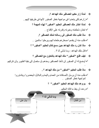 114114
‫لم اذا‬‫زار‬‫حكيم‬‫العص افير‬‫ملك‬‫الهداهد‬.‫؟‬
‫زارهم‬‫لكى‬‫يتحدوا‬‫فى‬‫رمواجهة‬‫خطر‬‫الصقور‬‫لنها‬‫فى‬‫طريقها‬‫إليهم‬.
‫لم اذا‬‫اخت ار‬‫ملك‬‫العص افير‬‫الحكيم‬‫لهذه‬ ‫أصفور‬‫المهمة‬‫؟‬
‫اختاره‬‫لحكمته‬‫وخبرته‬‫وقدرته‬‫على‬‫القناع‬.
‫م اذا‬‫طلب‬‫ملك‬‫الصقور‬‫فى‬‫رس الته‬‫لملك‬‫العص افير‬.‫؟‬
‫طلب‬‫رمنه‬‫أن‬‫يقدرموا‬‫صغارهم‬‫طعارما‬‫لهم‬‫ويرحلوا‬‫سالمين‬.
‫م اذا‬‫ك ان‬‫رد‬‫ملك‬‫الهداهد‬‫حين‬‫سمع‬‫كلم‬‫الحكيم‬‫؟‬ ‫أصفور‬
‫قال‬‫رملك‬‫الهداهد‬‫ورما‬ :‫اشأنى‬‫أنا‬‫؟‬.
‫كيف‬‫اقنع‬‫ملك‬ ‫أصفور‬‫الهداهد‬‫ب التع اون‬‫مع‬‫العص افير‬‫؟‬
‫أوضح‬‫له‬‫أن‬‫الصقور‬‫لن‬‫تأخذ‬‫العصافير‬‫وحدهم‬‫بل‬‫ستصل‬‫إلى‬‫بقية‬‫الطيور‬‫ولن‬‫تتركهم‬
.
‫م اذا‬‫طلب‬‫الحكيم‬‫من‬ ‫أصفور‬‫ملك‬‫الهداهد‬‫؟‬.
‫طلب‬‫رمنه‬‫أن‬‫يرسل‬‫لصدقائه‬‫رمن‬‫الحمام‬‫واليمام‬‫والبلبل؛‬‫ليحضروا‬‫ويتشاوروا‬
‫لمواجهة‬‫خطر‬‫الصقور‬.
‫بم‬‫وعد‬‫ملك‬‫الهداهد‬‫الحكيم‬‫؟‬ ‫أصفور‬
‫وعده‬‫أن‬‫ينفذ‬‫رما‬‫قاله‬‫الحكيم‬.
....................
....................
....................
....................
‫القائل‬ ‫رمن‬‫القائل‬ ‫رمن‬
‫؟‬ ‫أن ا‬ ‫شأنى‬ ‫وم ا‬‫؟‬ ‫أن ا‬ ‫شأنى‬ ‫وم ا‬
‫على‬ ‫يدل‬‫على‬ ‫يدل‬
 
