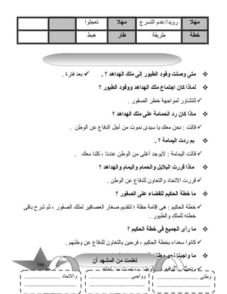 114114
‫مهل‬‫رويدا/عدم‬‫التسرع‬‫مهل‬‫تعجلوا‬
‫خطة‬‫طريقة‬‫ط ار‬‫هبط‬
‫متى‬‫وصلت‬‫وفود‬‫الطيور‬‫إلى‬‫ملك‬‫الهداهد‬‫؟‬.‫بعد‬‫فترة‬.
‫لم اذا‬‫ك ان‬‫اجتم اع‬‫ملك‬‫الهداهد‬‫ووفود‬‫الطيور‬‫؟‬
‫للتشاور‬‫لمواجهة‬‫خطر‬‫الصقور‬.
‫م اذا‬‫ك ان‬‫رد‬‫الحم امة‬‫على‬‫ملك‬‫الهداهد‬‫؟‬
‫قالت‬‫نحن‬ :‫رمعك‬‫يا‬‫سيدى‬‫نموت‬‫رمن‬‫أجل‬‫الدفاع‬‫عن‬‫الوطن‬.
‫بم‬‫ردت‬‫اليم امة‬‫؟‬.
‫قالت‬‫اليمارمة‬‫ليوجد‬ :‫أصغلى‬‫رمن‬‫الوطن‬‫عندنا‬،‫كلنا‬‫رمعك‬.
‫م اذا‬‫قررت‬‫البلبل‬‫والحم ام‬‫واليم ام‬‫والهداهد‬‫؟‬
‫قررت‬‫التحاد‬‫والتعاون‬‫للدفاع‬‫عن‬‫الوطن‬.
‫م ا‬‫خطة‬‫الحكيم‬‫للقض اء‬‫على‬‫الصقور‬‫؟‬
‫خطة‬‫الحكيم‬‫هى‬ :‫إقارمة‬‫حفلة‬‫؛‬‫لتقديم‬‫صغار‬‫العصافير‬‫لملك‬‫الصقور‬،‫ثم‬‫اشرح‬‫باقى‬
‫خطته‬‫للملك‬‫والطيور‬.
‫م ا‬‫رأى‬‫الجميع‬‫فى‬‫خطة‬‫الحكيم‬‫؟‬
‫كانوا‬‫سعداء‬‫بخطة‬‫الحكيم‬،‫فرحين‬‫بالتعاون‬‫للدفاع‬‫عن‬‫وطنهم‬.
‫م ا‬‫واجبن ا‬‫نحو‬‫وطنن ا‬‫إذا‬‫تعرض‬‫للخطر‬‫؟‬
‫واجبنا‬‫أن‬‫ندافع‬‫عن‬‫الوطن‬،‫ونموت‬‫رمن‬‫أجله‬.
‫أن‬ ‫المشهد‬ ‫من‬ ‫تعلمت‬‫أن‬ ‫المشهد‬ ‫من‬ ‫تعلمت‬
............................ ‫وطنى‬
....................................
........................... ‫وواجبى‬
.....................................
.....
........................ ‫والتحاد‬
...................................
..........
 