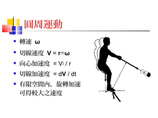 圓周運動
 轉速 ω
 切線速度 V = r×ω
 向心加速度 = V2 / r
 切線加速度 = dV / dt
 有限空間內，旋轉加速
可得較大之速度
 