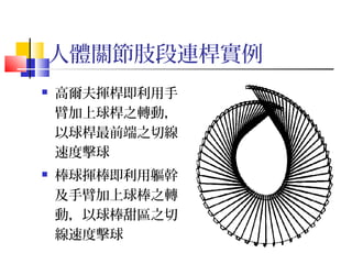 人體關節肢段連桿實例
 高爾夫揮桿即利用手
臂加上球桿之轉動，
以球桿最前端之切線
速度擊球
 棒球揮棒即利用軀幹
及手臂加上球棒之轉
動，以球棒甜區之切
線速度擊球
 