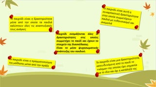 Το παιχνίδι είναι η δραστηριότητα
μέσα από την οποία τα παιδιά
καλύπτουν όλες τις αναπτυξιακές
τους ανάγκες
Παιχνίδι ονομάζονται όλες οι
δραστηριότητες στις οποίες
συμμετέχει το παιδί και έχουν το
στοιχείο της διασκέδασης.
Είναι το μέσο ψυχοσωματικής
ανάπτυξης του παιδιού.
 