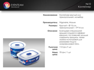 №10
Контейнер
Наименование: Контейнер круглый или
прямоугольный, на выбор
Производитель: Frigoverre, Италия
Размеры: Круглый – Ø 15 см,
прямоугольный – 19*14 см
Описание: Благодаря специальной
крышке создается эффект
вакуума, что позволяет дольше
сохранить продукты, также
можно использовать для
разогрева пищи в
микроволновой печи.
Рыночная
цена:
112 грн /1 шт
Наша
цена:
70 грн / 1 шт
 