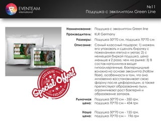 №11
Подушка с эвкалиптом Green Line
Наименование: Подушка с эвкалиптом Green line
Производитель: KLR Germany
Размеры: Подушка 50*70 см, подушка 70*70 см
Описание: Самый классный подарок: 1) можем
его упаковать и сделать бирочку с
пожеланием «тепла и уюта»; 2) с
немецкой биркой подушка, цена
меньше в 2 раза, чем на рынке; 3) В
состав наполнителя входят
гипоаллергенные, бактерицидные
волокна на основе эвкалипта (hollow
fiber), особенности в том, что оно
мгновенно восстанавливает свою
форму после деформации, а также
препятствуют образованию пыли,
ограничивают рост бактерий и
образование запахов.
Рыночная
цена:
Подушка 50*70 см - 350 грн,
подушка 70*70 см – 434 грн
Наша
цена:
Подушка 50*70 см - 155 грн,
подушка 70*70 см – 196 грн
 