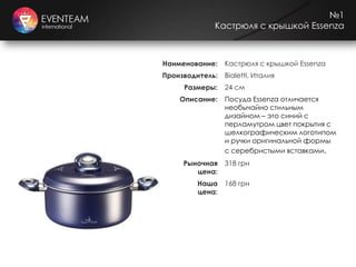 №1
Кастрюля с крышкой Essenza
Наименование: Кастрюля с крышкой Essenza
Производитель: Bialetti, Италия
Размеры: 24 см
Описание: Посуда Essenza отличается
необычайно стильным
дизайном – это синий с
перламутром цвет покрытия с
шелкографическим логотипом
и ручки оригинальной формы
с серебристыми вставками.
Рыночная
цена:
318 грн
Наша
цена:
168 грн
 