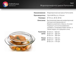 №3
Жаропрочная кастрюля Fornoverre
Наименование: Жаропрочная кастрюля Fornoverre
Производитель: Bormiolli Rocco, Италия
Размеры: Ø 18 см, Ø 22, Ø 26
Описание: Высококачественная жаропрочная
посуда изготовленная из
боросиликатного стекла, отлично
подходит для использования в
духовых и микроволновых печах, а
также варки на среднем огне.
Рыночная
цена:
Ø 18 см - 160 грн
Ø 22 см - 220 грн
Ø 26 см - 300 грн
Наша
цена:
Ø 18 см – 100 грн
Ø 22 см - 120 грн
Ø 26 см – 170 грн
 