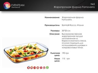 №5
Жаропрочная форма Fornoverro
Наименование: Жаропрочная форма
Fornoverro
Производитель: Bormiolli Rocco, Италия
Размеры: 30*20 см
Описание: Высококачественная
жаропрочная посуда
изготовленная из
боросиликатного стекла,
отлично подходить для
использования в духовых и
микроволновых печах.
Рыночная
цена:
190 грн
Наша
цена:
115 грн
 