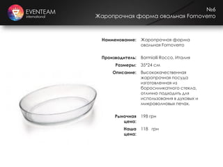№6
Жаропрочная форма овальная Fornoverro
Наименование: Жаропрочная форма
овальная Fornoverro
Производитель: Bormiolli Rocco, Италия
Размеры: 35*24 см
Описание: Высококачественная
жаропрочная посуда
изготовленная из
боросиликатного стекла,
отлично подходить для
использования в духовых и
микроволновых печах.
Рыночная
цена:
198 грн
Наша
цена:
118 грн
 