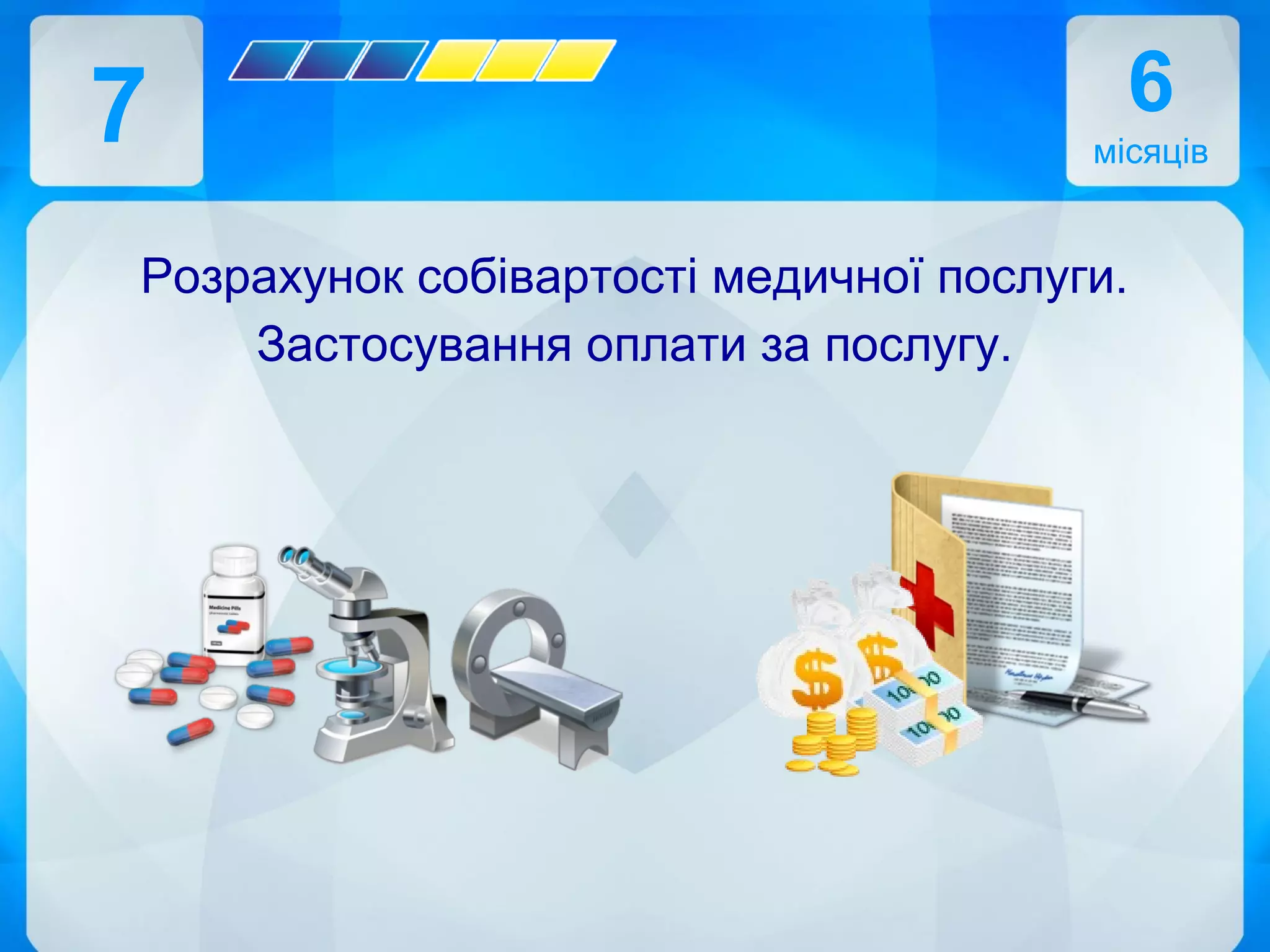 7 6
місяців
Розрахунок собівартості медичної послуги.
Застосування оплати за послугу.
 