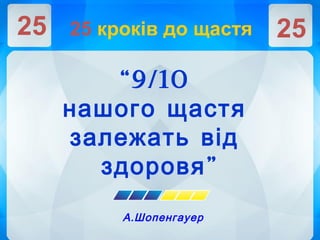 “9/10
нашого щастя
залежать від
”здоровя
.А Шопенгауер
25 кроків до щастя25 25
 