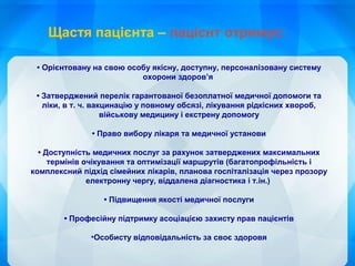 • Орієнтовану на свою особу якісну, доступну, персоналізовану систему
охорони здоров’я
• Затверджений перелік гарантованої безоплатної медичної допомоги та
ліки, в т. ч. вакцинацію у повному обсязі, лікування рідкісних хвороб,
військову медицину і екстрену допомогу
• Право вибору лікаря та медичної установи
• Доступність медичних послуг за рахунок затверджених максимальних
термінів очікування та оптимізації маршрутів (багатопрофільність і
комплексний підхід сімейних лікарів, планова госпіталізація через прозору
електронну чергу, віддалена діагностика і т.ін.)
• Підвищення якості медичної послуги
• Професійну підтримку асоціацією захисту прав пацієнтів
•Особисту відповідальність за своє здоровя
Щастя пацієнта – пацієнт отримує:
 
