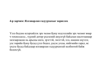 4-р зарчим: Ялгаварлан гадуурхахыг хориглох
Үзэл бодлоо илэрхийлэх эрх чөлөө буюу мэдээллийн эрх чөлөөг ямар
ч тохиолдолд , түүний дотор үндэсний аюулгүй байдлын шалтгаанаар
хязгаарласан нь арьсны өнгө, эрэгтэй, эмэгтэй, хэл, шашин шүтлэг,
улс төрийн буюу бусад үзэл бодол, үндэс угсаа, нийгмийн гарал, яс
үндэс бусад байдлаар ялгаварлан гадуурхахтай холбоотой байж
болохгүй.
 
