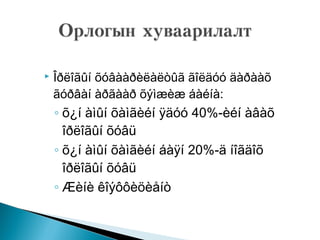  Îðëîãûí õóâààðèëàëòûã ãîëäóó äàðààõ
ãóðâàí àðãààð õýìæèæ áàéíà:
◦ õ¿í àìûí õàìãèéí ÿäóó 40%-èéí àâàõ
îðëîãûí õóâü
◦ õ¿í àìûí õàìãèéí áàÿí 20%-ä íîãäîõ
îðëîãûí õóâü
◦ Æèíè êîýôôèöèåíò
 