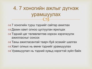 
 7 хоногийн турш тэднийг сайтар ажиглах
 Дахин хамт олноо цуглуулан ярилцах
 Тэдний цаг төлөвлөлтөө хэрхэн хэрэгжүүлж
ажилласныг сонсох
 Таны ажигласантай таарч буй эсэхийг шалгах
 Хамт олных нь өмнө тэднийг урамшуулах
 Урамшуулал нь тэдний хувьд хэрэгтэй зүйл байх
4. 7 хоногийн ажлыг дүгнэж
урамшуулах
 