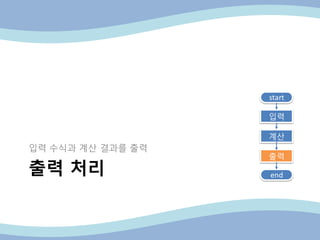 출력 처리
입력 수식과 계산 결과를 출력
end
start
입력
계산
출력
 