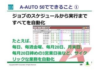 19Copyright(C)BSP Incorporated. All Rights Reserved.
A-AUTO 50でできること ①
ジョブのスケジュールから実⾏まで
すべてを自動化
たとえば、
毎⽇、毎週⾦曜、毎⽉20⽇、⽉末⽇、
毎⽉20⽇締めの3営業⽇後など、サイク
リックな業務を自動化
 