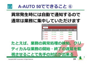 24Copyright(C)BSP Incorporated. All Rights Reserved.
A-AUTO 50でできること ⑥
異常発⽣時には自動で通知するので
通常は業務に集中していただけます
たとえば、業務の異常処理の検知、クリ
ティカルな業務の開始・終了の遅延を監
視させることで先手の対応が出来る
 