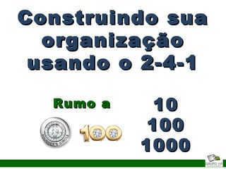 Construindo suaConstruindo sua
organizaçãoorganização
usando o 2-4-1usando o 2-4-1
Rumo aRumo a 1010
100100
10001000
 