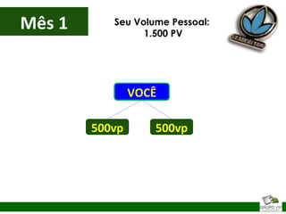 500vp
Mês 1
VOCÊ
500vp
Seu Volume Pessoal:
1.500 PV
 