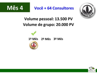 Mês 4
Volume pessoal: 13.500 PV
Volume de grupo: 20.000 PV
Você + 64 Consultores
1º Mês 2º Mês 3º Mês
 