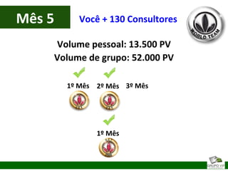 Mês 5
Volume pessoal: 13.500 PV
Volume de grupo: 52.000 PV
Você + 130 Consultores
1º Mês 2º Mês 3º Mês
1º Mês
 