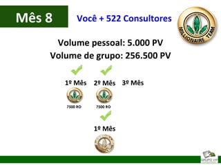 Mês 8
Volume pessoal: 5.000 PV
Volume de grupo: 256.500 PV
Você + 522 Consultores
1º Mês 2º Mês 3º Mês
1º Mês
7500 RO 7500 RO
 
