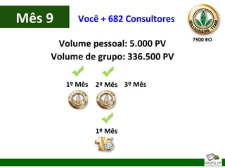 Mês 9
Volume pessoal: 5.000 PV
Volume de grupo: 336.500 PV
Você + 682 Consultores
1º Mês 2º Mês 3º Mês
1º Mês
7500 RO
 