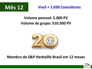 Mês 12
Volume pessoal: 5.000 PV
Volume de grupo: 510.500 PV
Você + 1.030 Consultores
Membro do S&P Herbalife Brasil em 12 meses
 