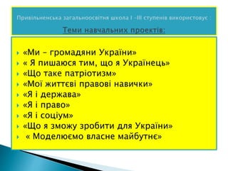  «Ми – громадяни України»
 « Я пишаюся тим, що я Українець»
 «Що таке патріотизм»
 «Мої життєві правові навички»
 «Я і держава»
 «Я і право»
 «Я і соціум»
 «Що я зможу зробити для України»
 « Моделюємо власне майбутнє»
 