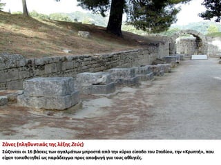 Ζάνες (πληθυντικός της λέξης Ζεύς)
Σώζονται οι 16 βάσεις των αγαλμάτων μπροστά από την κύρια είσοδο του Σταδίου, την «Κρυπτή», που
είχαν τοποθετηθεί ως παράδειγμα προς αποφυγή για τους αθλητές.
 