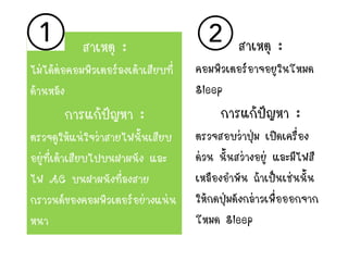 สาเหตุ :
ไม่ได้ต่อคอมพิวเตอร์ลงเต้าเสียบที่
ด้านหลัง
การแก้ปัญหา :
ตรวจดูให้แน่ใจว่าสายไฟนั้นเสียบ
อยู่ที่เต้าเสียบไปบนฝาผนัง และ
ไฟ AC บนฝาผนังที่ลงสาย
กราวนด์ของคอมพิวเตอร์อย่างแน่น
หนา
สาเหตุุ :
คอมพิวเตอร์อาจอยูในโหมด
Sleep
การแก้ปัญหา :
ตรวจสอบว่าปุ่ม เปิดเครื่อง
ด่วน นั้นสว่างอยู่ และมีไฟสี
เหลืองอาพัน ถ้าเป็นเช่นนั้น
ให้กดปุ่มดังกล่าวเพื่อออกจาก
โหมด Sleep
 