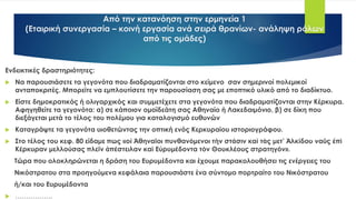 Από την κατανόηση στην ερμηνεία 1
(Εταιρική συνεργασία – κοινή εργασία ανά σειρά θρανίων- ανάληψη ρόλων
από τις ομάδες)
Ενδεικτικές δραστηριότητες:
 Να παρουσιάσετε τα γεγονότα που διαδραματίζονται στο κείμενο σαν σημερινοί πολεμικοί
ανταποκριτές. Μπορείτε να εμπλουτίσετε την παρουσίαση σας με εποπτικό υλικό από το διαδίκτυο.
 Είστε δημοκρατικός ή ολιγαρχικός και συμμετέχετε στα γεγονότα που διαδραματίζονται στην Κέρκυρα.
Αφηγηθείτε τα γεγονότα: α) σε κάποιον ομοϊδεάτη σας Αθηναίο ή Λακεδαιμόνιο, β) σε δίκη που
διεξάγεται μετά το τέλος του πολέμου για καταλογισμό ευθυνών
 Καταγράψτε τα γεγονότα υιοθετώντας την οπτική ενός Κερκυραίου ιστοριογράφου.
 Στο τέλος του κεφ. 80 είδαμε πως «οἱ Ἀθηναῖοι πυνθανόμενοι τὴν στάσιν καὶ τὰς μετ’ Ἀλκίδου ναῦς ἐπὶ
Κέρκυραν μελλούσας πλεῖν ἀπέστειλαν καὶ Εὐρυμέδοντα τὸν Θουκλέους στρατηγόν».
Τώρα που ολοκληρώνεται η δράση του Ευρυμέδοντα και έχουμε παρακολουθήσει τις ενέργειες του
Νικόστρατου στα προηγούμενα κεφάλαια παρουσιάστε ένα σύντομο πορτραίτο του Νικόστρατου
ή/και του Ευρυμέδοντα
 ……………..
 