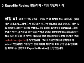 3. Expedite Review ???? - ?? ??? ??
?? #1 : ??? 12? 22? ~ 29? ? ? ??? ?? ????. (??
?? ????) ??? ?? ???? ??? ???? ??????. ?? 12
? 31?? ? ?? ??? ???? 1? 8?? ??? ??????. ? ?
??? ?? ? ??? ???? ??? ??? ??? ?? ????? ?
?? ?? ??? ? ??? ???? ?? ????? ??? 24?? ??
metadata rejected? ?????.. ??? 2???? ???? ??
submit????? 3? ?? ?? ??? ???? ??? ?? ? ?? ?
? ???? ???? Expedite Review? ??????.
 