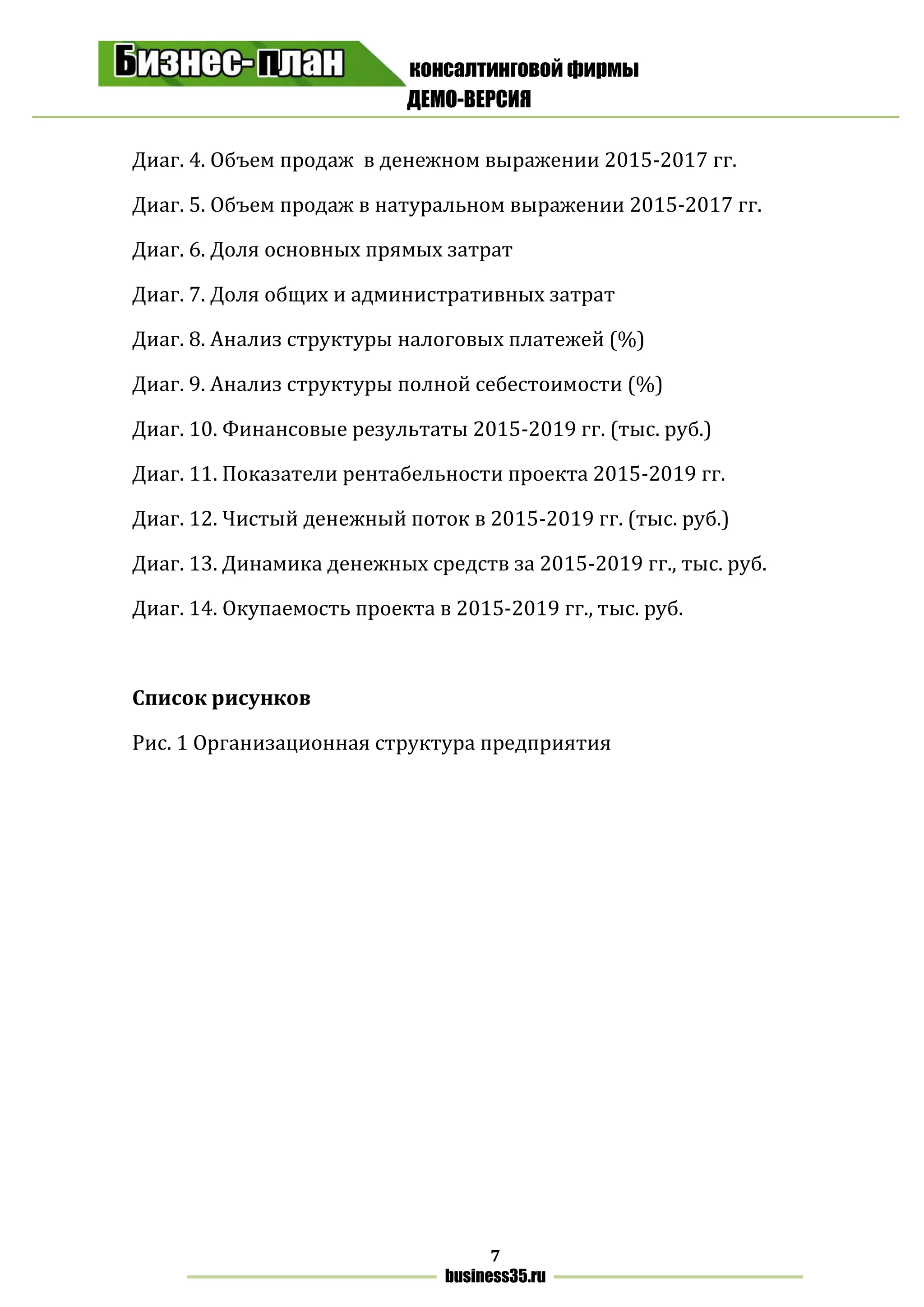 консалтинговой фирмы
ДЕМО-ВЕРСИЯ
7
business35.ru
Диаг. 4. Объем продаж в денежном выражении 2015-2017 гг.
Диаг. 5. Объем продаж в натуральном выражении 2015-2017 гг.
Диаг. 6. Доля основных прямых затрат
Диаг. 7. Доля общих и административных затрат
Диаг. 8. Анализ структуры налоговых платежей (%)
Диаг. 9. Анализ структуры полной себестоимости (%)
Диаг. 10. Финансовые результаты 2015-2019 гг. (тыс. руб.)
Диаг. 11. Показатели рентабельности проекта 2015-2019 гг.
Диаг. 12. Чистый денежный поток в 2015-2019 гг. (тыс. руб.)
Диаг. 13. Динамика денежных средств за 2015-2019 гг., тыс. руб.
Диаг. 14. Окупаемость проекта в 2015-2019 гг., тыс. руб.
Список рисунков
Рис. 1 Организационная структура предприятия
 