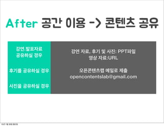 “오픈 공간과 오픈 콘텐츠의 만남”
오픈콘텐츠랩은 누구나 콘텐츠를 통해
지식문화공유에 참여할 수 있는 기회와 나눔문화 커뮤니티입니다.
모두의 콘텐츠 플랫폼
참고 사례
edx course community, TED ED, D.School
NHN NEXT Univ. 오픈콜리지, 오픈소스카페
오픈콘텐츠
여럿이 함께
코워킹 공간
공유공간
활성화
15년 1월 26일 월요일
 