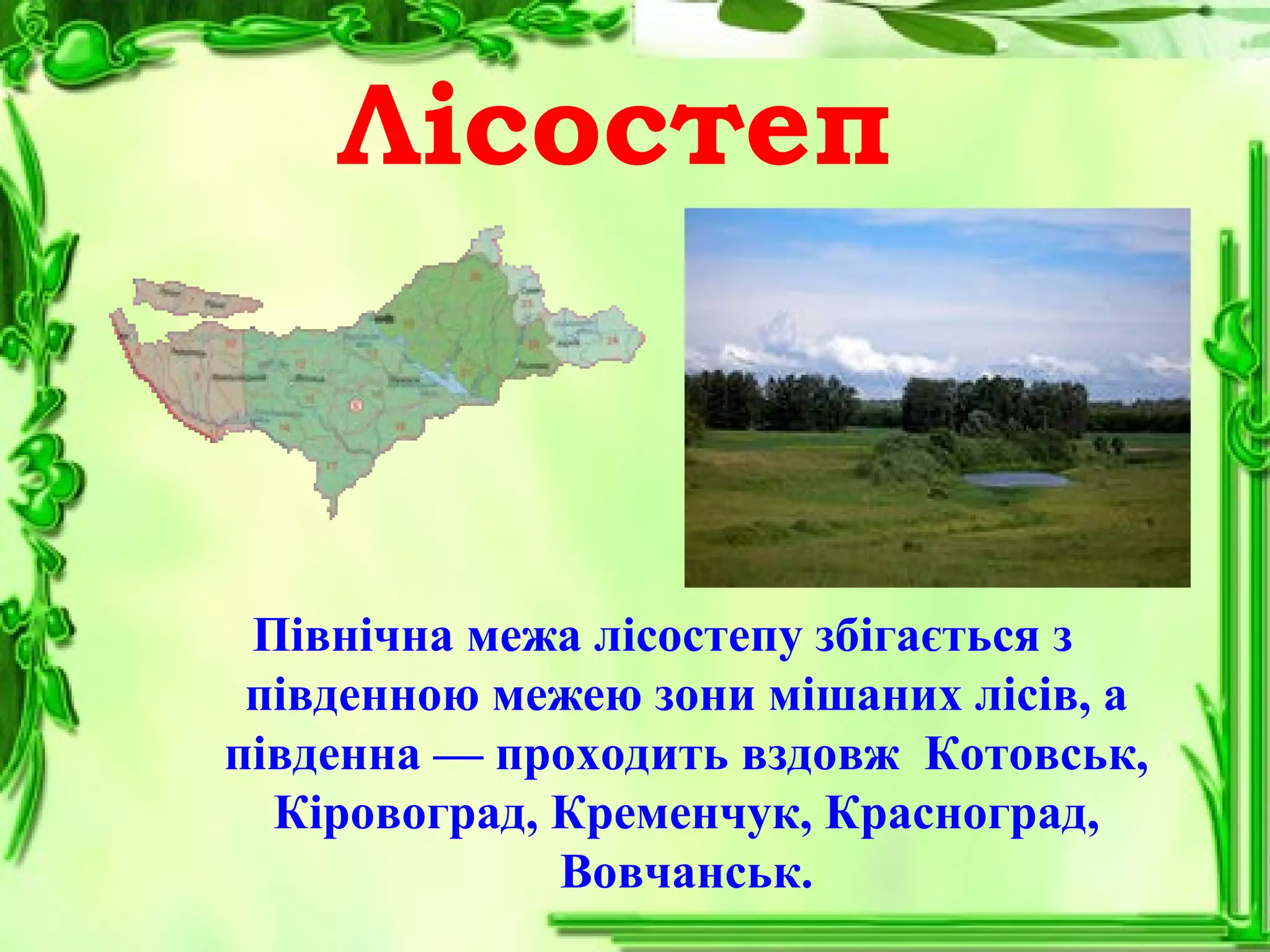 Лісостеп
Північна межа лісостепу збігається з
південною межею зони мішаних лісів, а
південна — проходить вздовж Котовськ,
Кіровоград, Кременчук, Красноград,
Вовчанськ.
 