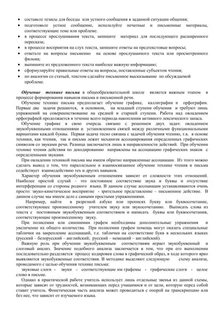 • составьте тезисы для беседы или устного сообщения в заданной ситуации общения;
• подготовьте устное сообщение, используйте печатные и письменные материалы,
соответствующие теме или проблеме.
• в процессе прослушивания текста, запишите материал для последующего расширенного
пересказа;
• в процессе восприятия на слух текста, запишите ответы на предтекстовые вопросы;
• ответьте на вопросы письменно на основе прослушанного текста или просмотренного
фильма;
• выпишите из предложенного текста наиболее важную информацию;
• сформулируйте правильные ответы на вопросы, поставленные субъектом чтения;
• по аналогии со статьей, текстом сделайте письменное высказывание по обсуждаемой
проблеме.
Обучение технике письма в общеобразовательной школе является важным этапом в
процессе формирования навыков письма и письменной речи.
Обучение технике письма предполагает обучение графике, каллиграфии и орфографии.
Первые две задачи решаются, в основном, на младшей ступени обучения и требуют лишь
упражнений на совершенствование на средней и старшей ступени. Работа над овладением
орфографией продолжается в течение всего периода накопления активного лексического запаса.
Обучение графике в свою очередь связано с решением двух задач: овладением
звукобуквенными отношениями и установлением связей между различными функциональными
вариантами каждой буквы. Первая задача тесно связана с задачей обучения чтению, т.к. в основе
техники, как чтения, так и письма лежит механизм ассоциирования определенных графических
символов со звуками речи. Разница заключается лишь в направленности действий. При обучении
технике чтения действия по декодированию направлены на ассоциацию графических знаков с
определенными звуками.
При овладении техникой письма мы имеем обратно направленные ассоциации. Из этого можно
сделать вывод о том, что параллельное и взаимосвязанное обучение технике чтения и письма
содействует взаимодействию тех и других навыков.
Характер обучения звукобуквенным отношениям зависит от сложности этих отношений.
Наиболее простой случай – это постоянное соответствие звука и буквы и отсутствие
интерференции со стороны родного языка. В данном случае ассоциации устанавливаются очень
просто: звуко-кинетическое восприятие - зрительное представление – письменное действие. В
данном случае мы имеем дело с самыми простыми упражнениями.
Например, найти в разрезной азбуке или прописях букву или буквосочетание,
соответствующее произнесенному учителем звуку или звукосочетанию. Выписать слова из
текста с постоянным звукобуквенным соответствием и написать буквы или буквосочетания,
соответствующие произнесенному звуку.
При полисемии или синонимии графем необходимы дополнительные упражнения и
увеличение их общего количества. При полисемии графем помощь могут оказать специальные
таблички на закрепление ассоциаций, т.е. таблички на соответствие букв в нескольких языках
(русский – белорусский – английский; русский – немецкий – английский).
Важную роль при обучении звукобуквенным соответствиям играет звукобуквенный и
слоговый анализ. Значение подобного анализа заключается в том, что при его выполнении
последовательно разделяется процесс кодировки слова в графический образ, в ходе которого ярко
выявляются звукобуквенные соответствия. В методике выделяют следующую схему анализа,
проводимого с целью обучения технике письма:
звуковые слоги - звуки - соответствующие им графемы - графические слоги - целое
слово в письме.
Однако в практической работе учитель использует лишь отдельные звенья из данной схемы,
которые зависят от трудностей, возникающих перед учащимися и от цели, которую перед собой
ставит учитель. Фонетическая часть анализа может проводиться с опорой на транскрипцию или
без нее, что зависит от изучаемого языка.
 
