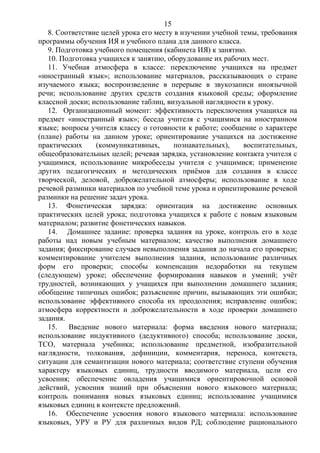 8. Соответствие целей урока его месту в изучении учебной темы, требования
программы обучения ИЯ и учебного плана для данного класса.
9. Подготовка учебного помещения (кабинета ИЯ) к занятию.
10. Подготовка учащихся к занятию, оборудование их рабочих мест.
11. Учебная атмосфера в классе: переключение учащихся на предмет
«иностранный язык»; использование материалов, рассказывающих о стране
изучаемого языка; воспроизведение в перерыве в звукозаписи иноязычной
речи; использование других средств создания языковой среды; оформление
классной доски; использование таблиц, визуальной наглядности к уроку.
12. Организационный момент: эффективность переключения учащихся на
предмет «иностранный язык»; беседа учителя с учащимися на иностранном
языке; вопросы учителя классу о готовности к работе; сообщение о характере
(плане) работы на данном уроке; ориентирование учащихся на достижение
практических (коммуникативных, познавательных), воспитательных,
общеобразовательных целей; речевая зарядка, установление контакта учителя с
учащимися, использование микробеседы учителя с учащимися; применение
других педагогических и методических приёмов для создания в классе
творческой, деловой, доброжелательной атмосферы; использование в ходе
речевой разминки материалов по учебной теме урока и ориентирование речевой
разминки на решение задач урока.
13. Фонетическая зарядка: ориентация на достижение основных
практических целей урока; подготовка учащихся к работе с новым языковым
материалом; развитие фонетических навыков.
14. Домашнее задание: проверка задания на уроке, контроль его в ходе
работы над новым учебным материалом; качество выполнения домашнего
задания; фиксирование случаев невыполнения задания до начала его проверки;
комментирование учителем выполнения задания, использование различных
форм его проверки; способы компенсации недоработки на текущем
(следующем) уроке; обеспечение формирования навыков и умений; учёт
трудностей, возникающих у учащихся при выполнении домашнего задания;
обобщение типичных ошибок; разъяснение причин, вызывающих эти ошибки;
использование эффективного способа их преодоления; исправление ошибок;
атмосфера корректности и доброжелательности в ходе проверки домашнего
задания.
15. Введение нового материала: форма введения нового материала;
использование индуктивного (дедуктивного) способа; использование доски,
ТСО, материала учебника; использование предметной, изобразительной
наглядности, толкования, дефиниции, комментария, переноса, контекста,
ситуации для семантизации нового материала; соответствие ступени обучения
характеру языковых единиц, трудности вводимого материала, цели его
усвоения; обеспечение овладения учащимися ориентировочной основой
действий, усвоения знаний при объяснении нового языкового материала;
контроль понимания новых языковых единиц; использование учащимися
языковых единиц в контексте предложений.
16. Обеспечение усвоения нового языкового материала: использование
языковых, УРУ и РУ для различных видов РД; соблюдение рационального
15
 
