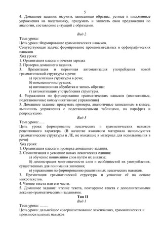 4. Домашнее задание: выучить записанные образцы, устные и письменные
упражнения на подстановку, придумать и записать свои предложения по
аналогии, составление ситуаций с образцами.
Вид 2
Тема урока:
Цель урока: Формирование грамматических навыков.
Сопутствующая задача: формирование произносительных и орфографических
навыков
Ход урока:
1. Организация класса и речевая зарядка
2. Проверка домашнего задания.
3. Презентация и первичная автоматизация употребления новой
грамматической структуры в речи:
а) презентация структуры в речи;
б) пояснение-инструкция;
в) интонационная обработка и запись образца;
г) автоматизация употребления структуры.
4. Упражнения по формированию грамматических навыков (имитативные,
подстановочные коммуникативные упражнения)
5. Домашнее задание: придумать примеры, аналогичные записанным в классе,
выполнить упражнения с подстановочными таблицами, на парафраз и
репродукцию.
Вид 3
Тема урока:…..
Цель урока: формирование лексических и грамматических навыков
рецептивного характера. (В качестве языкового материала используются
грамматические структуры и ЛЕ, не входящие в материал для использования в
речи)
Ход урока:
1. Организация класса и проверка домашнего задания.
2. Семантизация и усвоение новых лексических единиц:
а) обучение пониманию слов путём их анализа;
б) демонстрация многозначности слов и особенностей их употребления,
существенных для понимания значения;
в) упражнения по формированию рецептивных лексических навыков.
3. Презентация грамматической структуры и усвоение её на основе
микротекстов.
4. Чтение текста или его части.
5. Домашнее задание: чтение текста, повторение текста с дополнительными
лексико-грамматическими заданиями.
Тип II
Вид 1
Тема урока: …….
Цель урока: дальнейшее совершенствование лексических, грамматических и
произносительных навыков
5
 